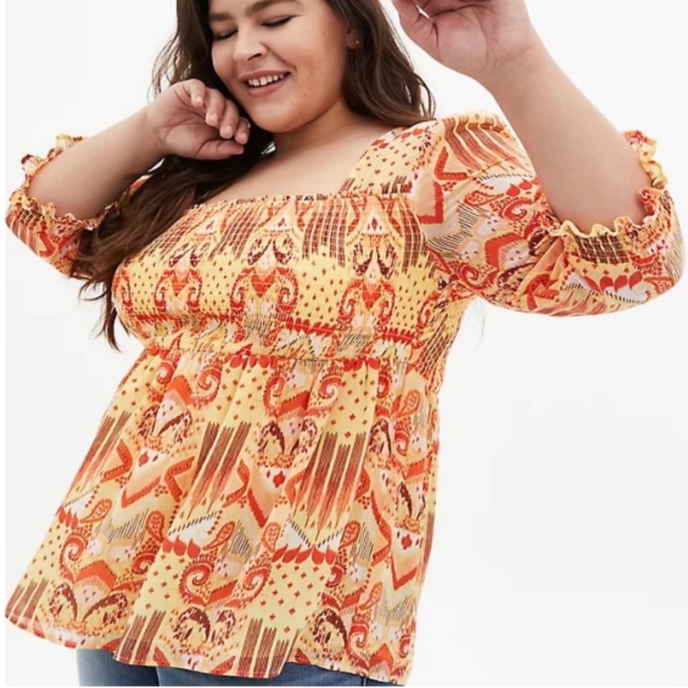 NWT Torrid Womens Plus Size 2x Yellow Ikat Paisley Smocked Babydoll Blouse Top